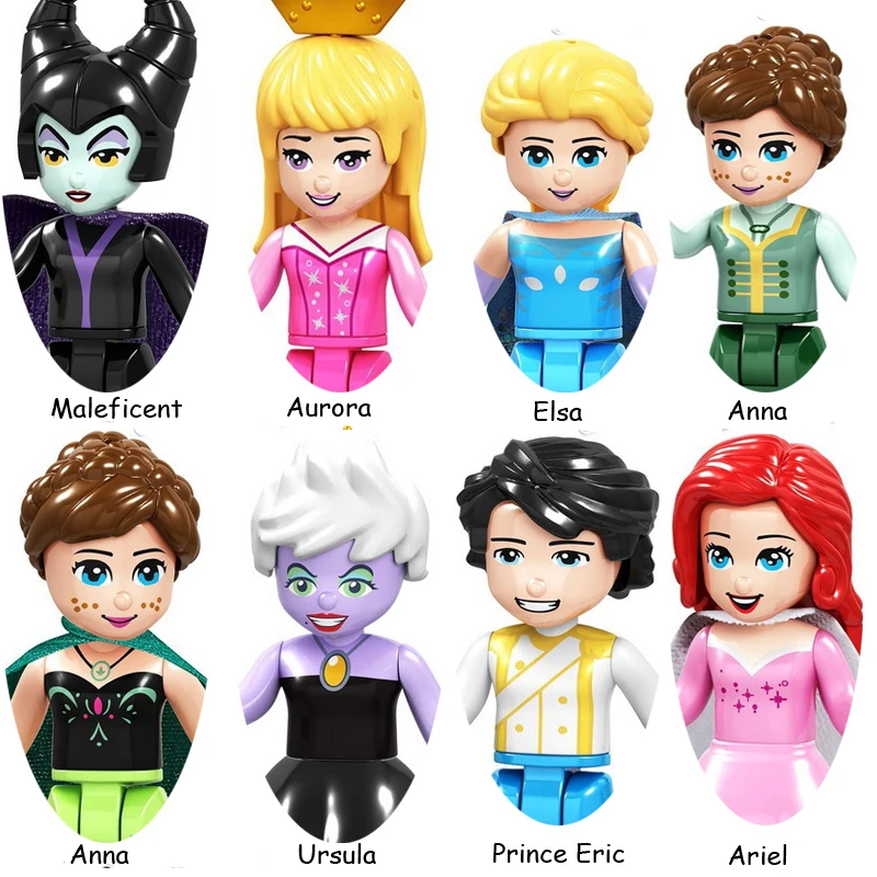 8Pcs/Set Girl Princess Anna Ursula Maleficent Elsa Aurora Ariels Model Action Figure Blocks Construction Bricks Toy For Children