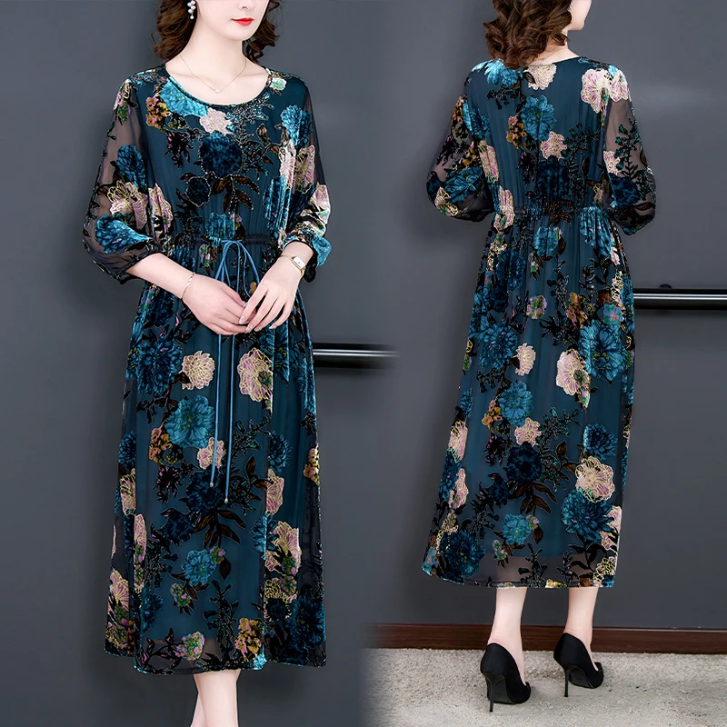 2023 Autumn New Blue Silk Velvet Flocking Print Long Sleeve Dress O-Neck Print Loose Size Waist Slim Knee Length Dress Robe