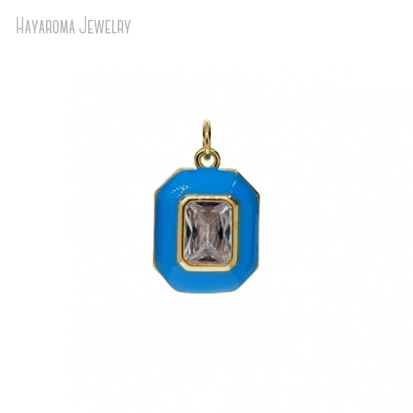 10Pcs Enamel Jewelry Metal Cubic Zirconia Wholesale Invisible Setting Copper Gold Color Geometric Octagon Blue Charms PM47852