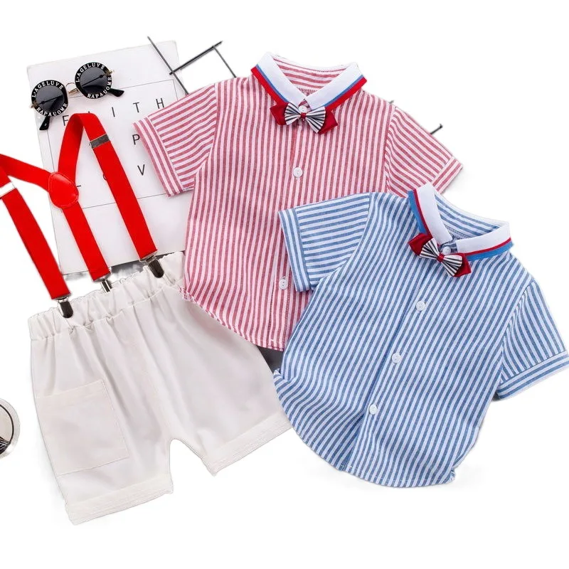 Boys' Summer New Handsome Striped Collar Wedding Flower Boy Gentlemen's Shirt Top Strap Shorts Two Piece Set for 1-3 Years