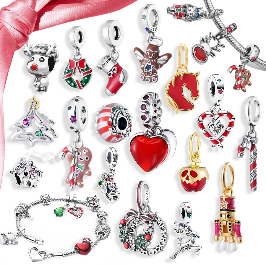 

Рождественские праздничные подвески из серебра 925 пробы, бусины для оригинальных браслетов, подвески в виде пряничного человечка, оленя, венка, для самостоятельного изготовления женских украшений, подарок