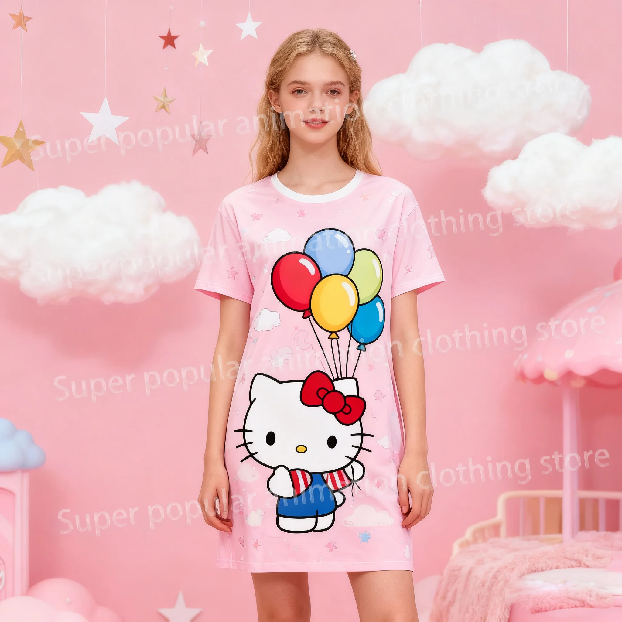 

HelloKitty Print Dress Cute Cartoon Short-sleeved O-neck T-shirt Dress Fashionable Nightdress Basic Daily Wear Holiday Gifts