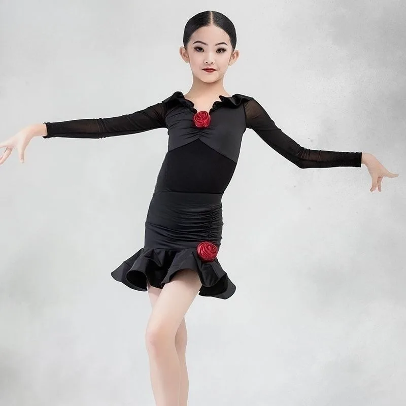 Traje de baile profesional para niños con baile otoño nueva práctica de baile latino traje de práctica de manga larga para niñas
