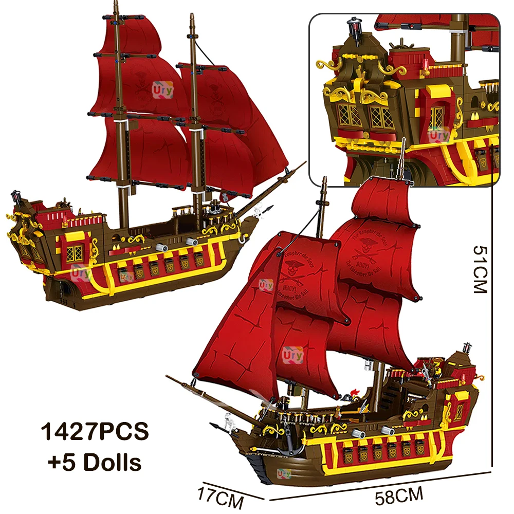 해적선 모험 아이디어 레트로 레드 블랙 보트 아일랜드 스톰 베셀, 플래그십 영화 빌딩 블록, 어린이 크리스마스 선물 모델 장난감
