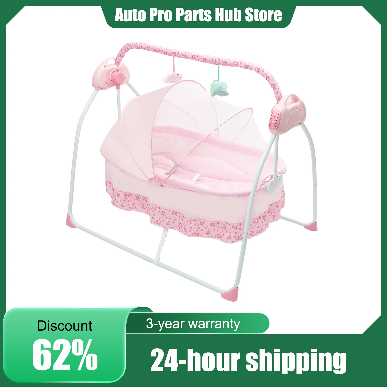 Culla elettrica USB Shaker Culla Letto per dormire con altalena automatica, Sedia a dondolo per neonato, con musica e giocattoli, Temporizzazione regolabile, Rosa