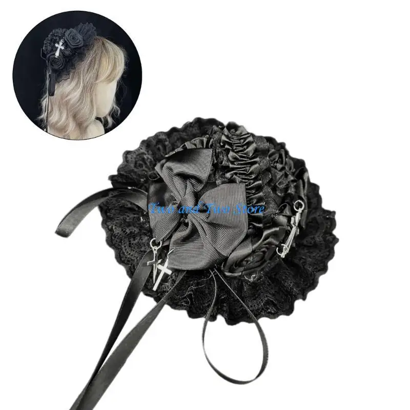 

HX6F Rose Hair Clip Crosses Ribbon Hat Hairpin Cosplay Headwear for Girls Delicate Hair Accessories Rosette Hat Barrettes