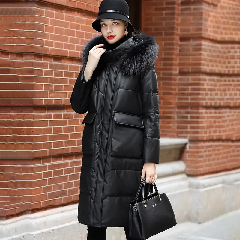 

2024 Winter New PU Leather Down Cotton Women's Overcoat Thick Warm Parker Coat Mid-Length Loose Fur Collar Hooded Cotton Jacket