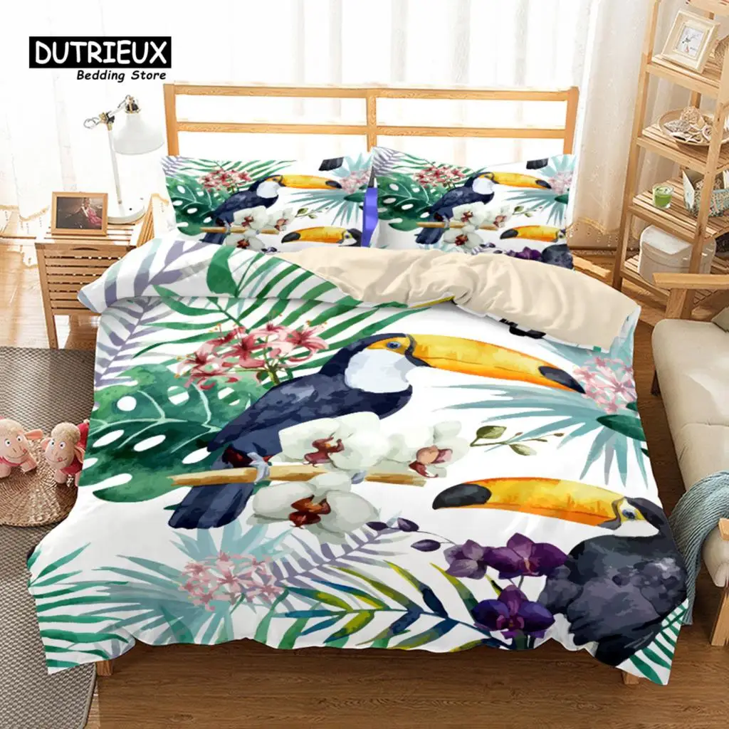 3D Toucan Birds Duvet Cover Set, Fashion Bedding Set, Soft Comfortable Breathable Duvet Cover, For Bedroom Guest Room Decor