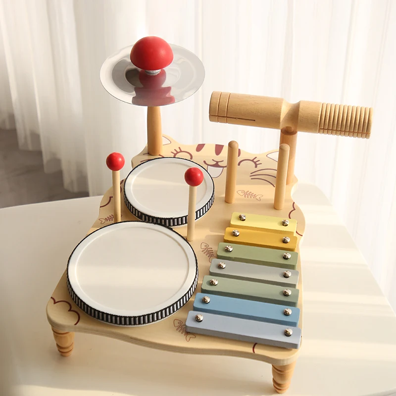 Juego de batería de juguete para niños con temática de gatito de madera, con llaves y baquetas multicolores, adecuado para mayores de 3 años, 1 ud.