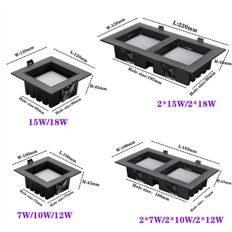 Ultra-thin recessed square anti-glare LED downlights 36W 7W single-head and double-head dimming ceiling lights AC110V 220V