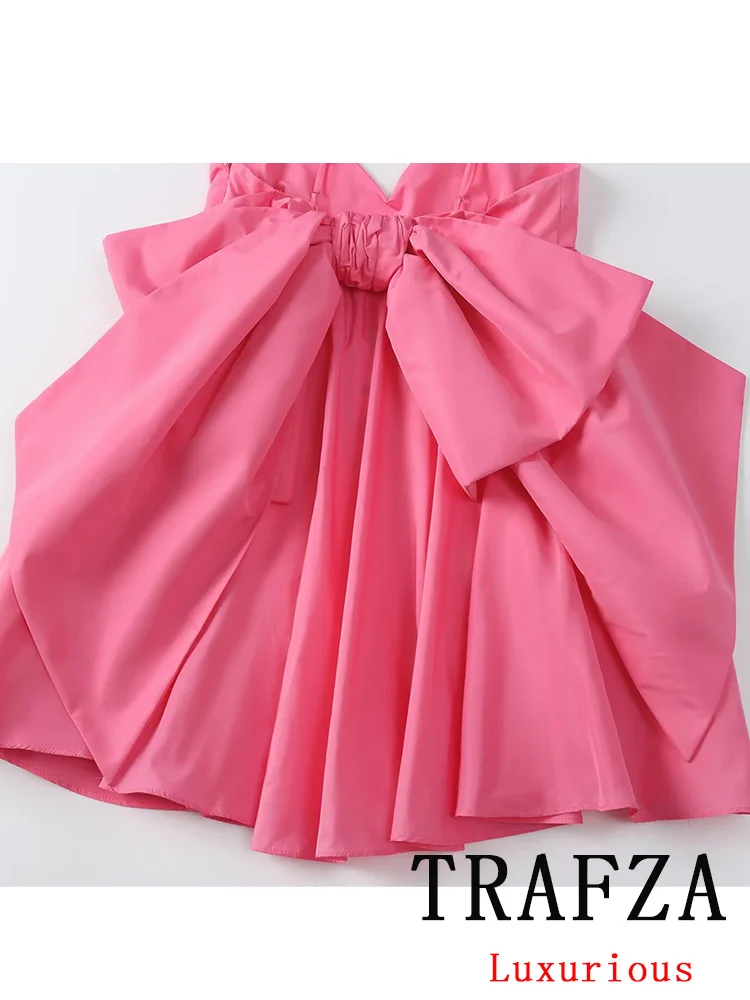 TRAFZA Vintage Casual CHic Women Dress Pink Solid Cami Ruffles Bow Zipper Short Vestidos Fashion 2024 Summer Dress