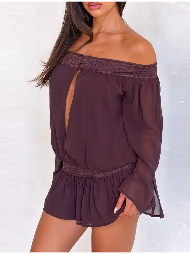 

See Through Pleated Hem Mini Dress Long Sleeve Off Shoulder Short Robes Party Mesh Vestidos 2026 New Lady Summer Party Dresses