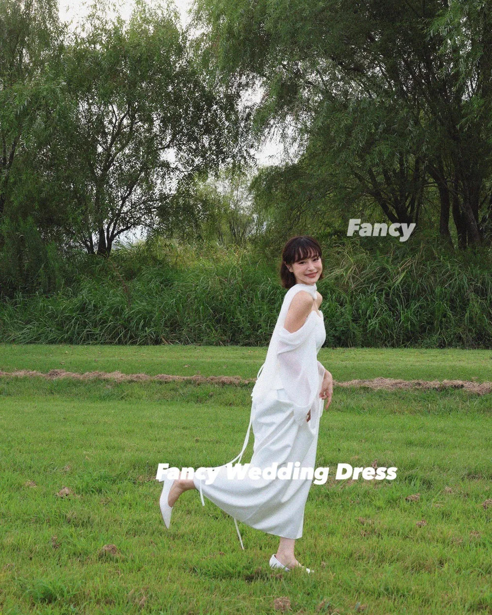يتوهم بسيط قبالة الكتف فستان الزفاف كوريا ألف خط كوريا صورة تبادل لاطلاق النار ثوب الزفاف الطابق طول الظهر مشد مخصص #4