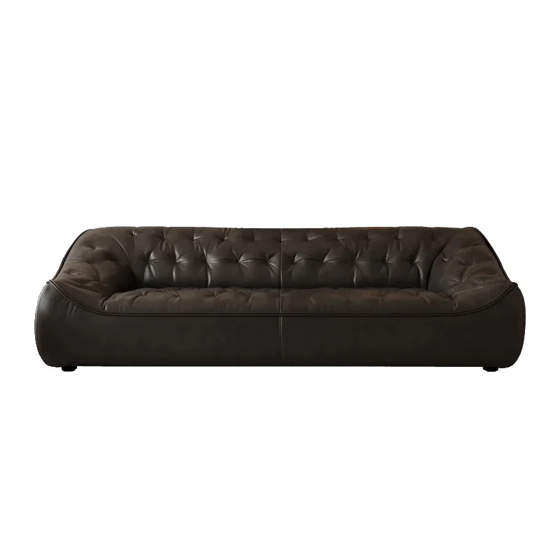 

Retro full oil wax leather bean bag sofa antique living room straight row three retro first layer cowhide sofa
