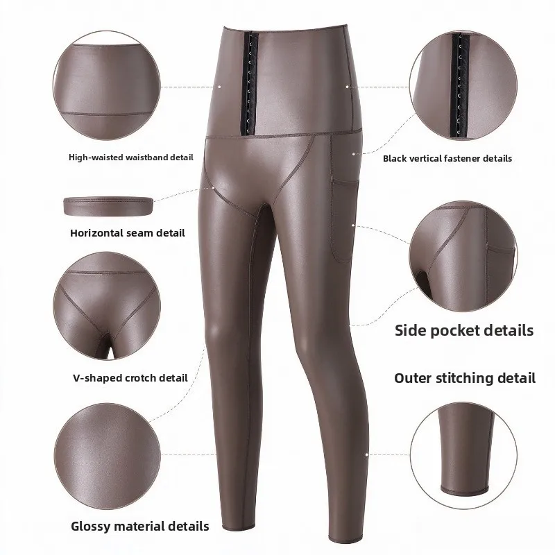 Men Leather Shaping Leggings With Side Pocket Hook Front High Waist Compression Waist Trainer Pants