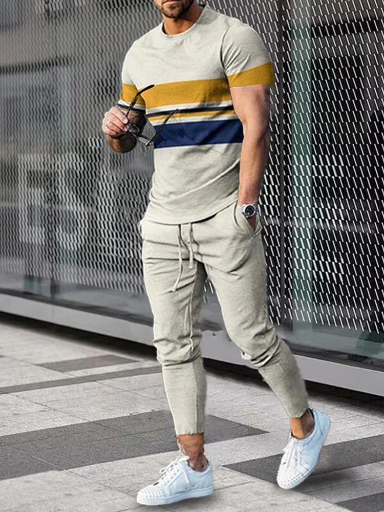 2025 New 3D Stripe Print Men's T-shirt Street Style Men's Fashion Trousers Autumn And Winter Men's Warm T-shirt And Trousers Set