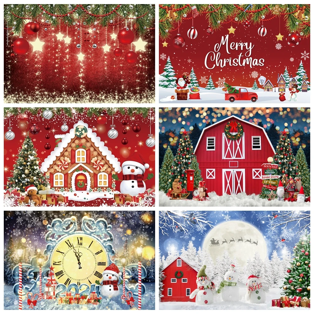 Red Christmas Photography Backdrop Xmas Ball Glitter Bokeh Sparkle Star Winter Snowflake Snowman Kids Portrait Photo Background