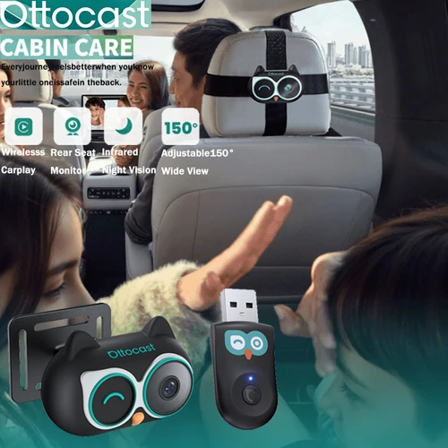 Ottocast Cabin Care Adaptador inalámbrico CarPlay Cámara para coche de bebé 1080P HD 150 °   Monitor de asiento trasero de visión nocturna gran angular para automóvil 98%