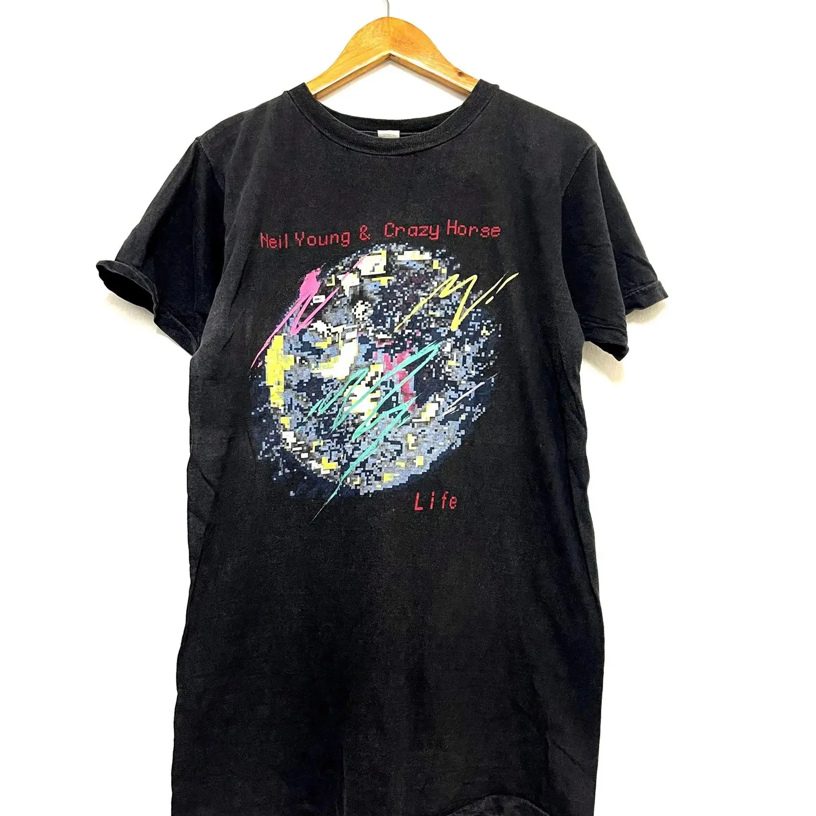 Vintage 80s Neil Young Crazy Horse Life 1987 Tour Band T Shirt Rock Concert Streetwear Black vintage Washed Versatile