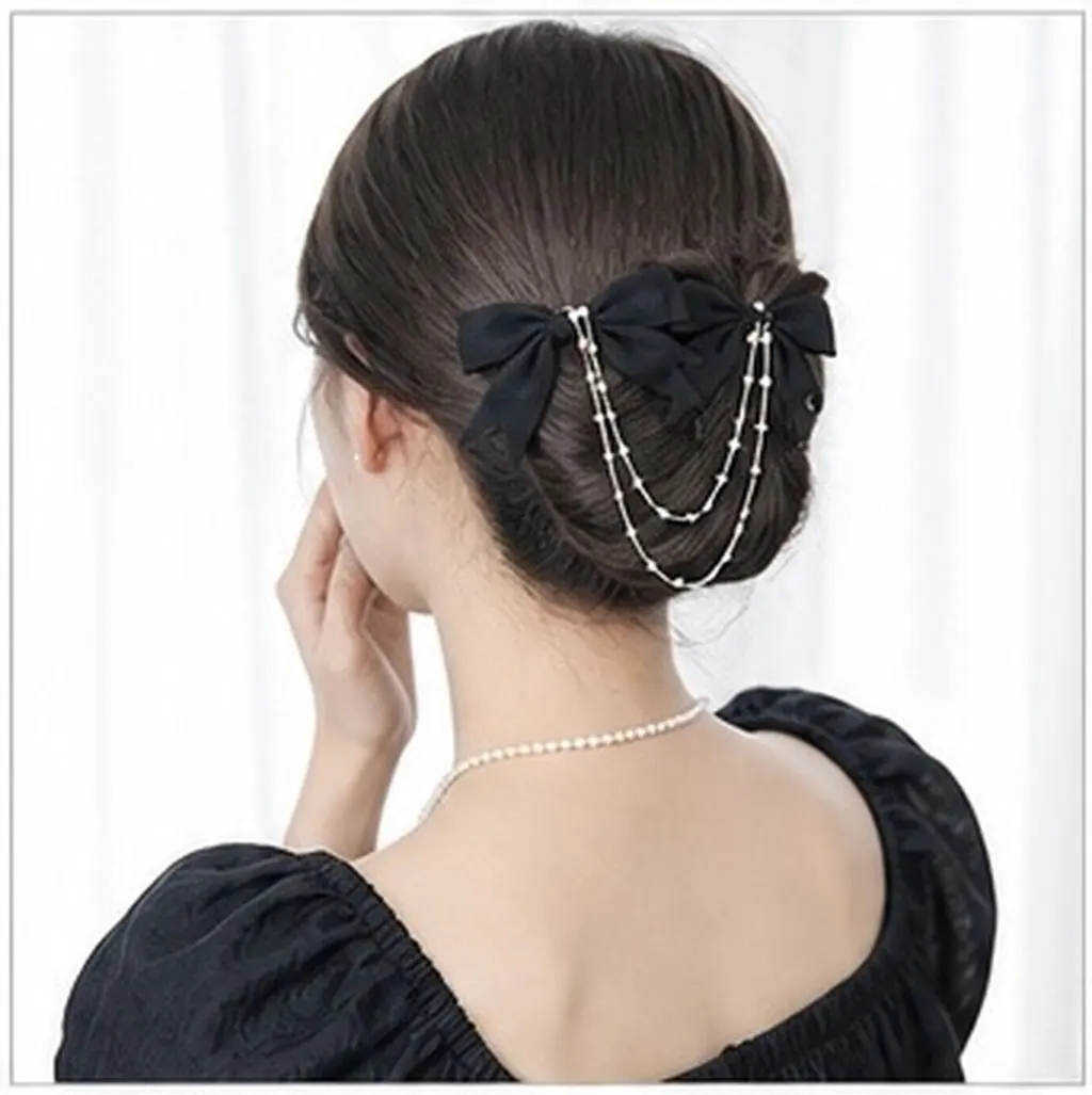 Double Tassel Pearl Hair Clip Bow Design Feminine Oriental Charm Vintage Headdress for Wedding Party Banquet Dance Photo Shoot