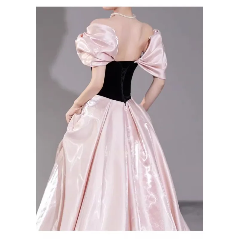 كوريا الأميرة الوردي قبالة الكتف فساتين السهرة صورة تبادل لاطلاق النار الأكمام Bowknot الحرير الساتان فساتين حفلات الزفاف فستان الحفلات 2025 جديد