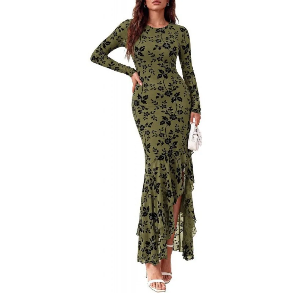 Women Slim Fit Long Sleeve Round Neck Side Slit Irregular Hem Maxi Dress Elegant Soft Breathable Flattering Comfy Daily