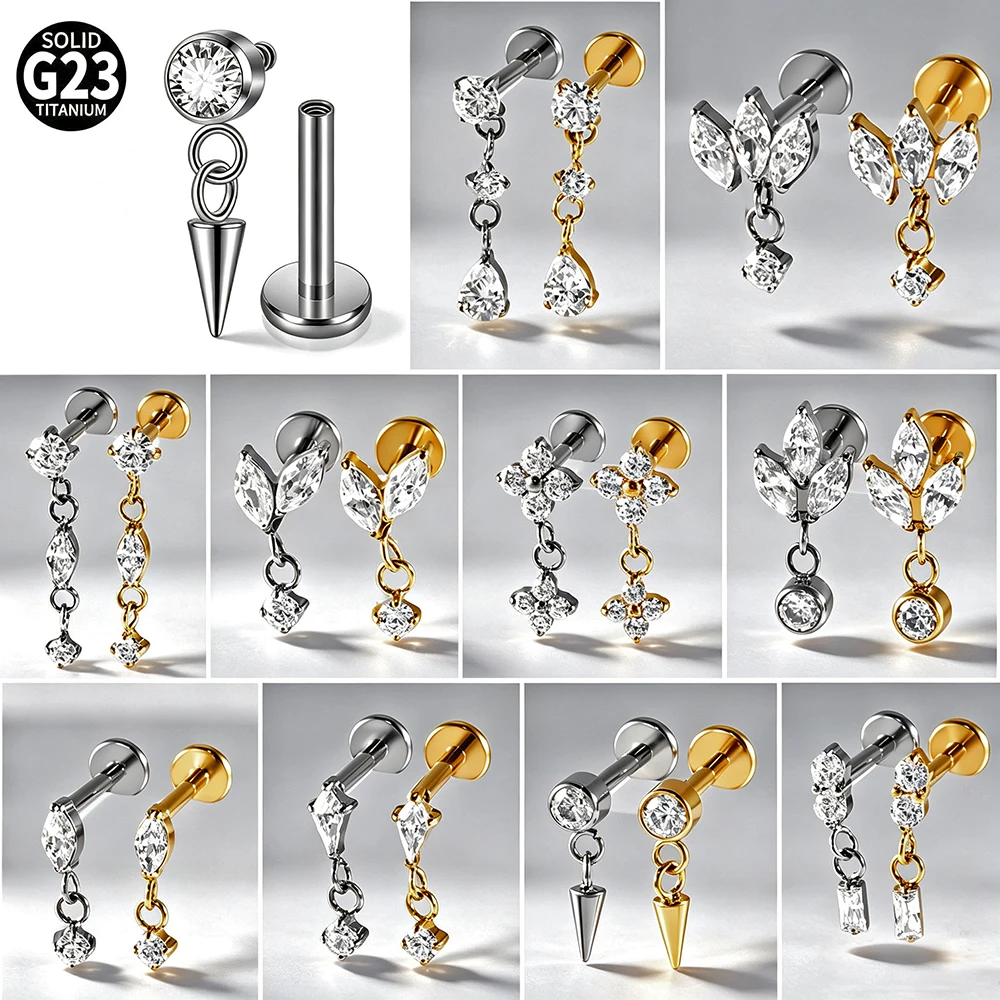Body Jewelry Internally Threaded - 1PC G23 Titanium CZ Dangle Earrings