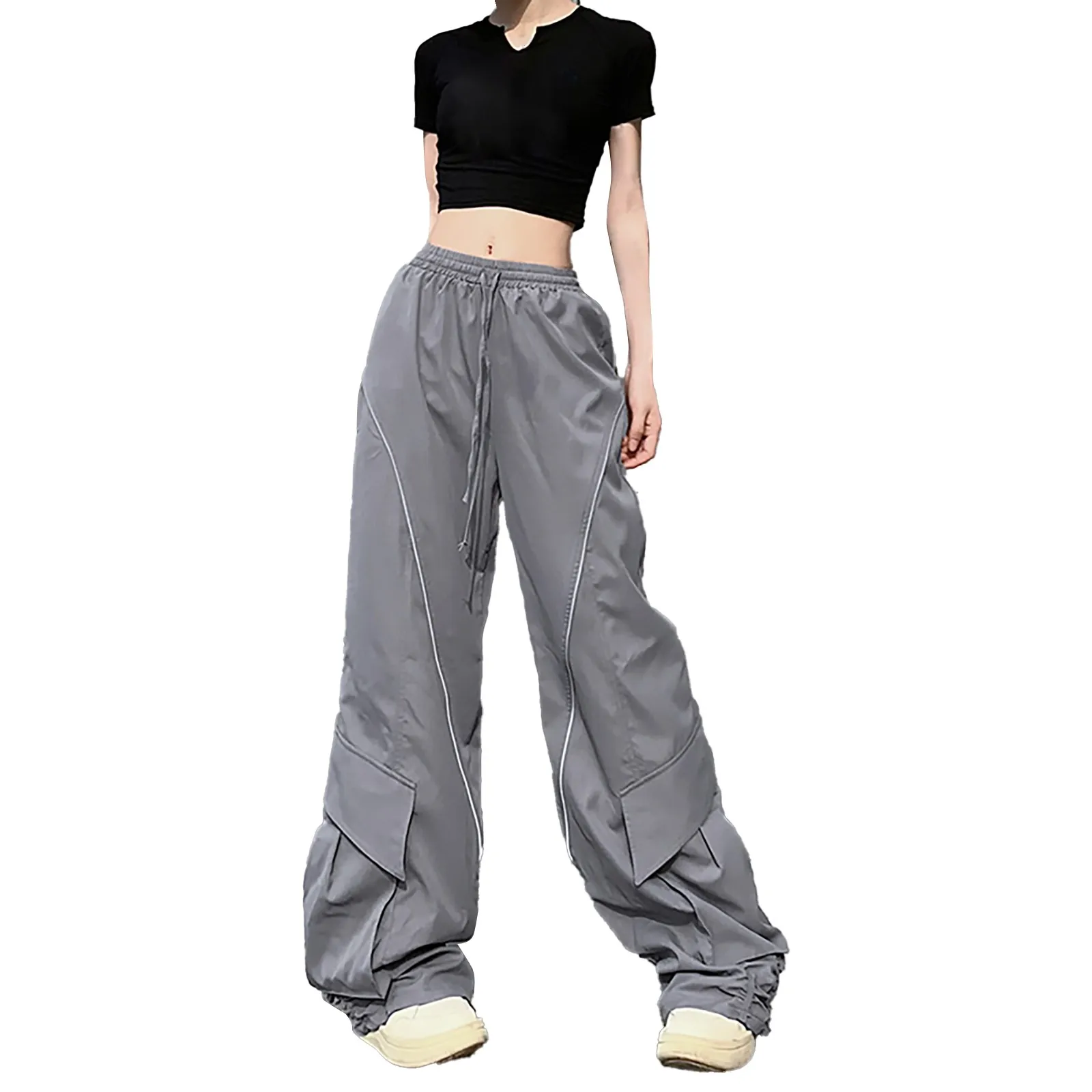 

Women Spring Retro Trousers Solid Loose Drawstring Casual Joggers Baggy Wide Leg Sweatpants Mid Waist Sporty Y2k Female Clothes