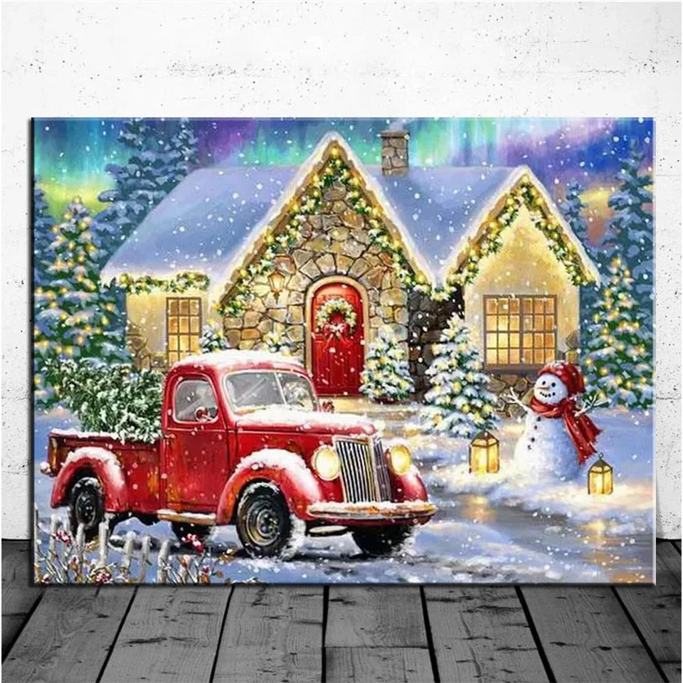 5D DIY Diamond Painting Red Truck Dog Snowhouse Full Mosaic Cross Embroidery Kit Children's Hand Santa Christmas Decoration H597