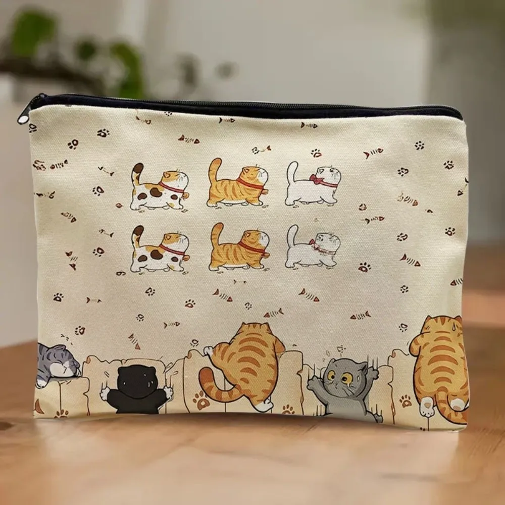 Strawberry Print Makeup Bag Pouch Large Capacity Canvas Stationery Pencil Case Animal Cat Cosmetic Bag Organizer Office School