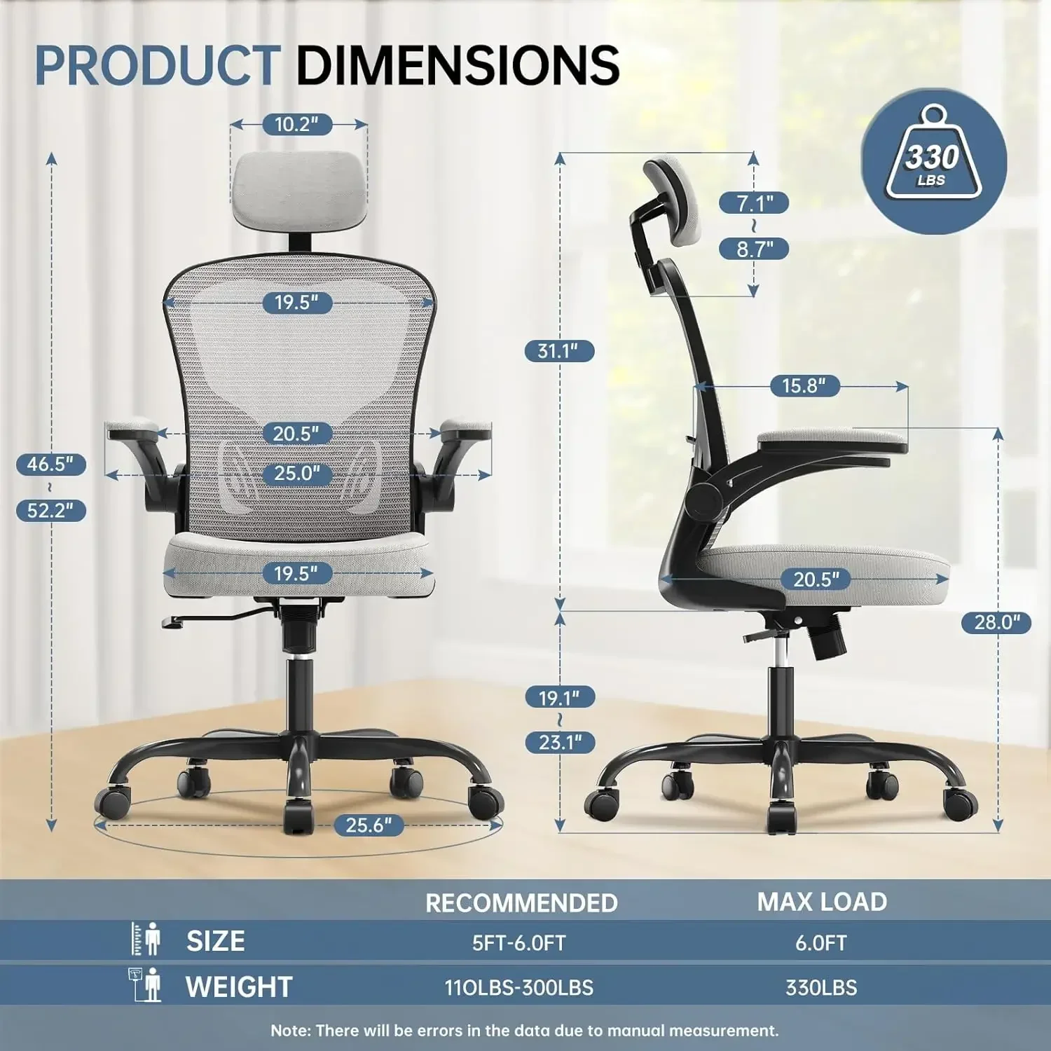 Office Chair Ergonomic Desk Chair, 330LBS Capacity, High Back Computer Design for Long Hours Comfort, Rolling Swivel Executive T