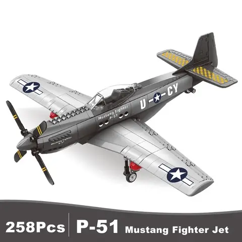 Military USA P-51 Mustang Fighter Jets Model Building Blocks Technical Aircraft Airplane MOC Weapons Bricks Toys for Adult Gifts