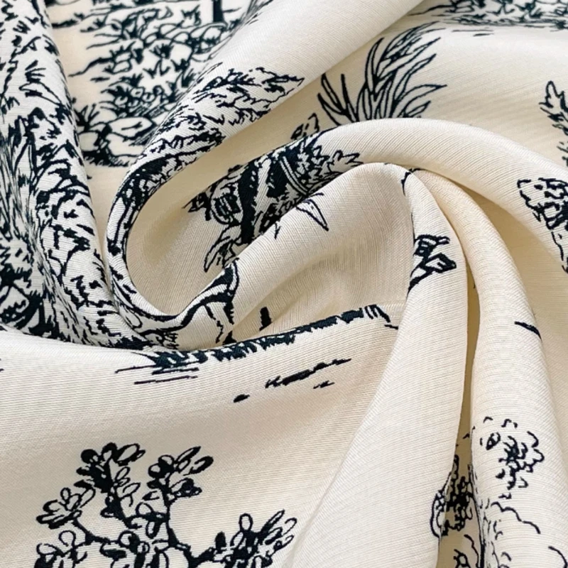 

Бежевый и черный, зеленый эскиз с лесным принтом, легкая дышащая драпированная ткань из чистого хлопка, платье-рубашка, дизайнерский материал для шитья