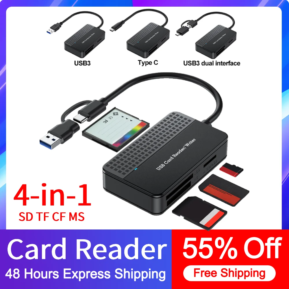 

New USB Card Reader 4-in-1 USB3.0/USB-C SD Micro SD TF CF MS Compact Flash Card Adapter for Laptop PC Multi Smart Card Reader