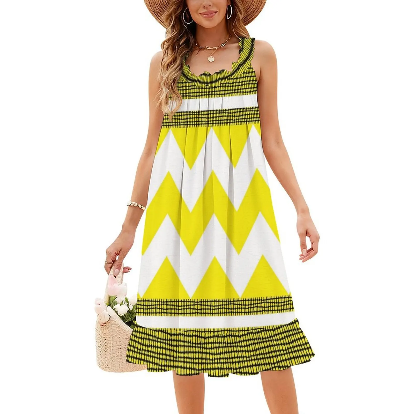 فستان هندسي متعرج الملمس الأبيض والخردل البوهيمي بدون أكمام للنساء طباعة فساتين حفلات الشاطئ هندسية متعرج #4