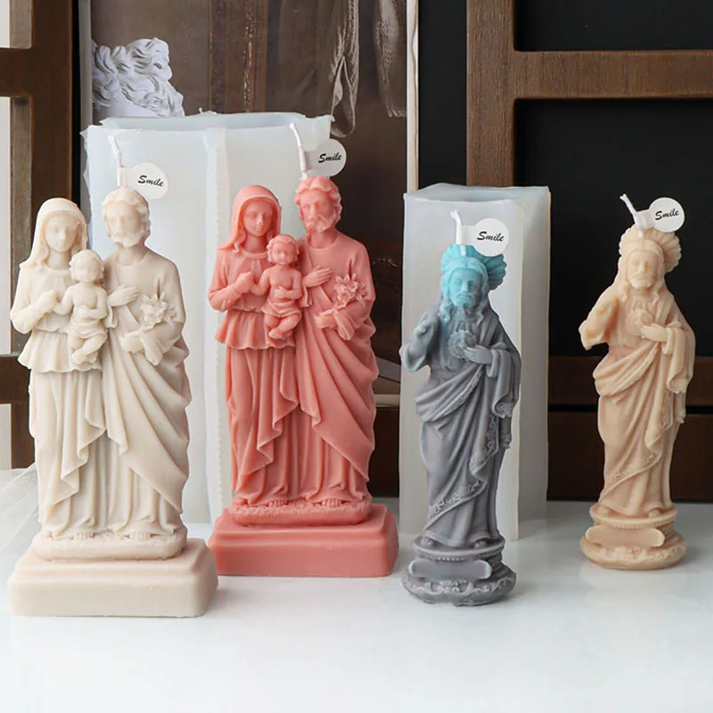 3D Jesus Family Statue Candle Silicone Mold Handmade Virgin Mary and Kid Portrait Scented Candle Soy Wax Making Mould Home Decor