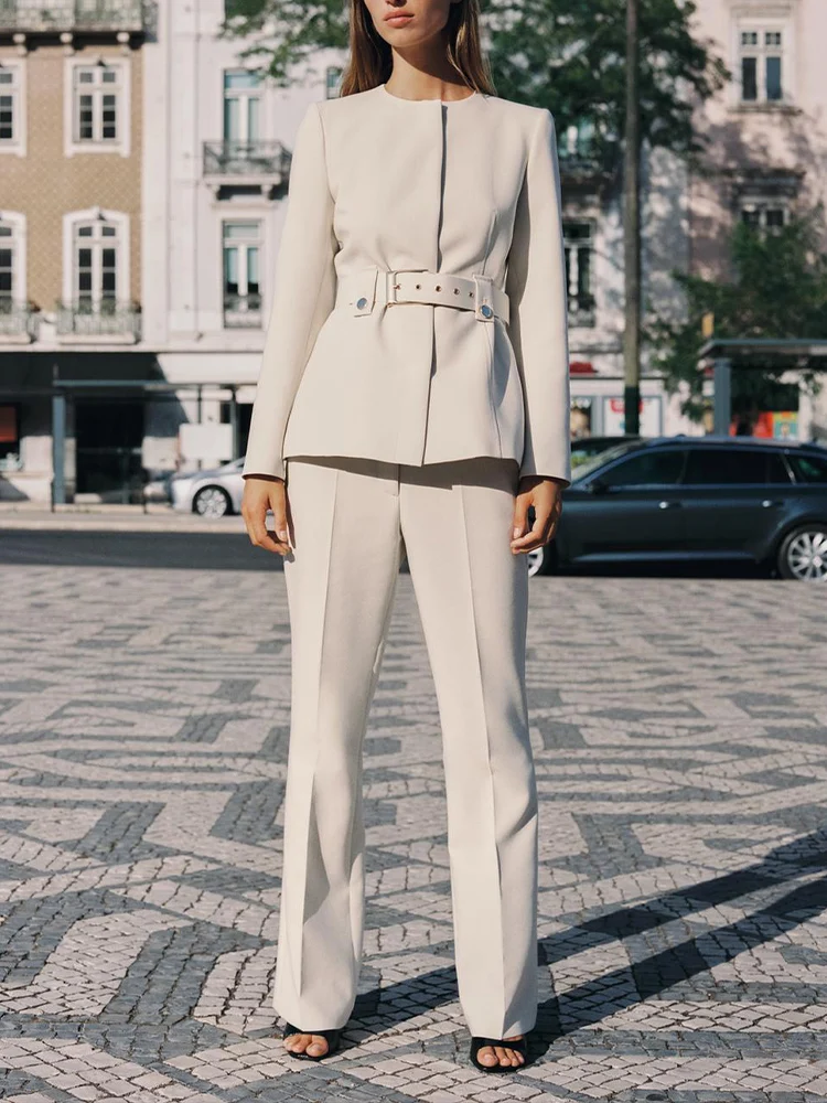 

European style new women's fashion versatile temperament slim belt suit jacket high waist flared pants