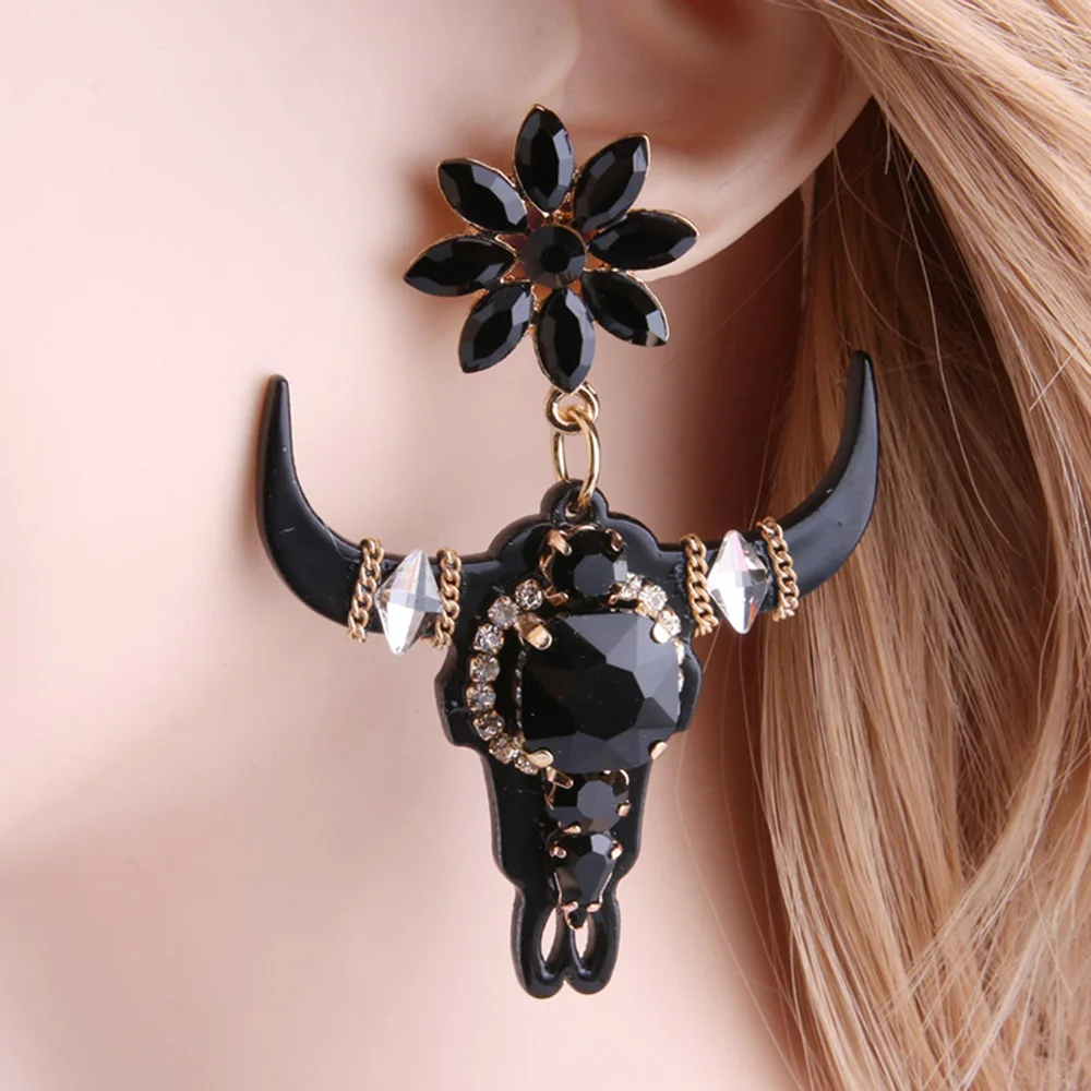 New Gothic Bull Personality Oxhorn Orange Rose Earrings Resin Glass Woman Crystal Large Brinco Ear Oorbellen Wholesale gift
