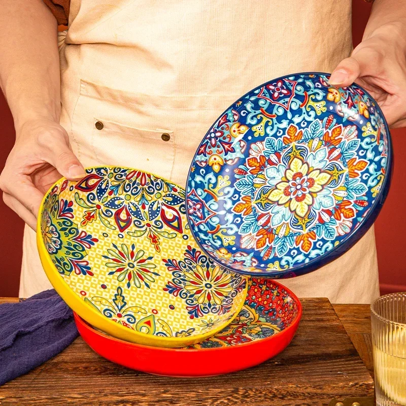 7/8inch Bohemian Ceramic Underglaze Colour Plate High Appearance Level Home Creative Dish Plate Fruit Steak Round Plate