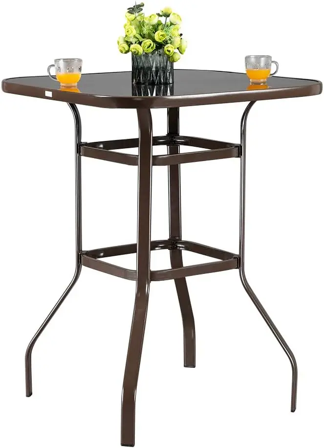 31.5 Inch Indoor-Outdoor Bar Height Table, Square Tempered Glass Metal Table for Patio, Backyard, Poolside and Garden (Brown)