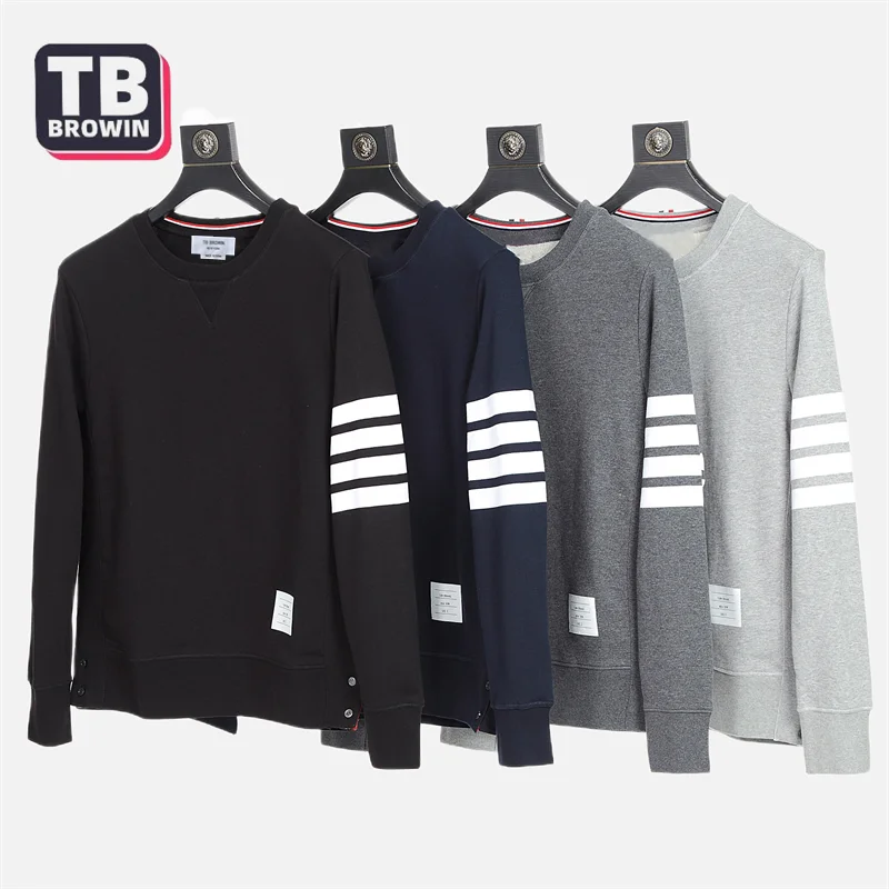 Tb browin camisola masculina outono tendência de quatro barras thom listrado manga comprida pulôver topo casal usar na moda algodão casual marca