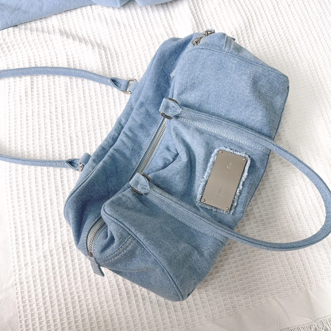 FIRMRANCH Korean Trend Metal Brand Summer Fresh Baby Blue Washed Denim Craft Large Horizontal Tote Female Shoulder Underarm Bag