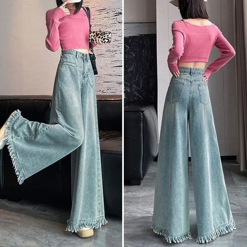 Spring Fall Design Sense Tassel Ragged Edge Jeans Women High Waist Casual Straight Tube Wide Leg Denim Pantalones Baggy Vaqueros