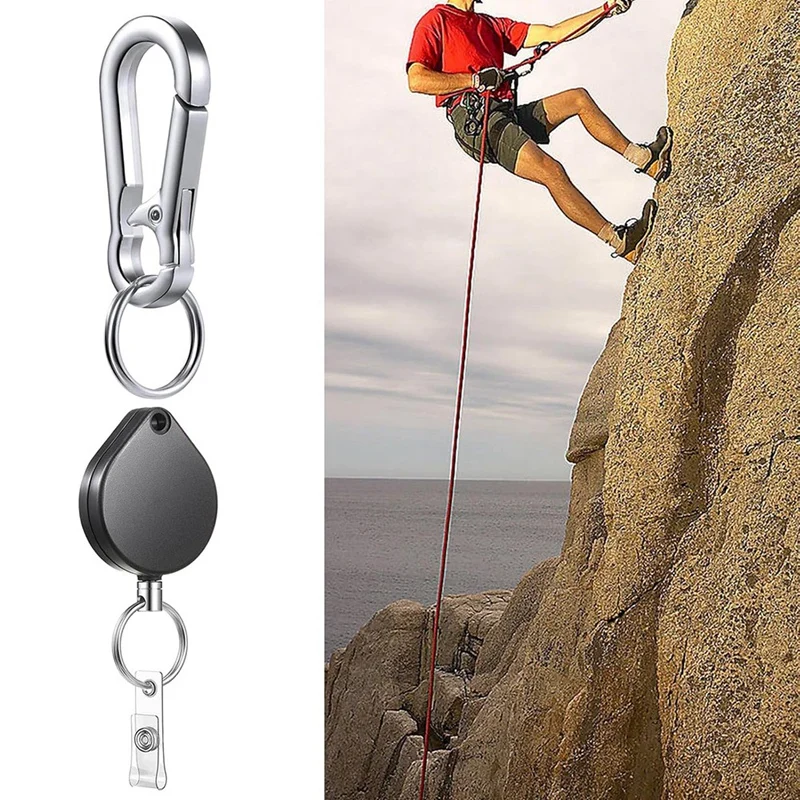 格納式キーホルダーバッジホルダーヘビーデューティバッジリール強力なケーシング金属コイル鋼線ロープカラビナ-ABJU