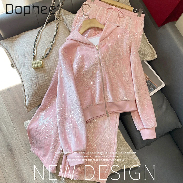 Pink Suit for Women Hooded Sequined Zipper Zip Up Hoodies Female Sweatshirts 2024 Spring New Fashion High Waist Wide Leg Pants