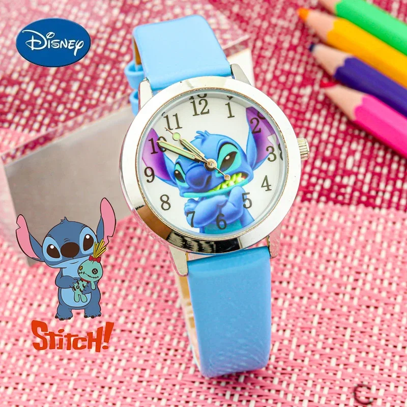 

Модные детские Мультяшные часы Disney Stitch кавайные Аниме фигурки кожаные кварцевые наручные часы для мальчиков девочек детские подарки