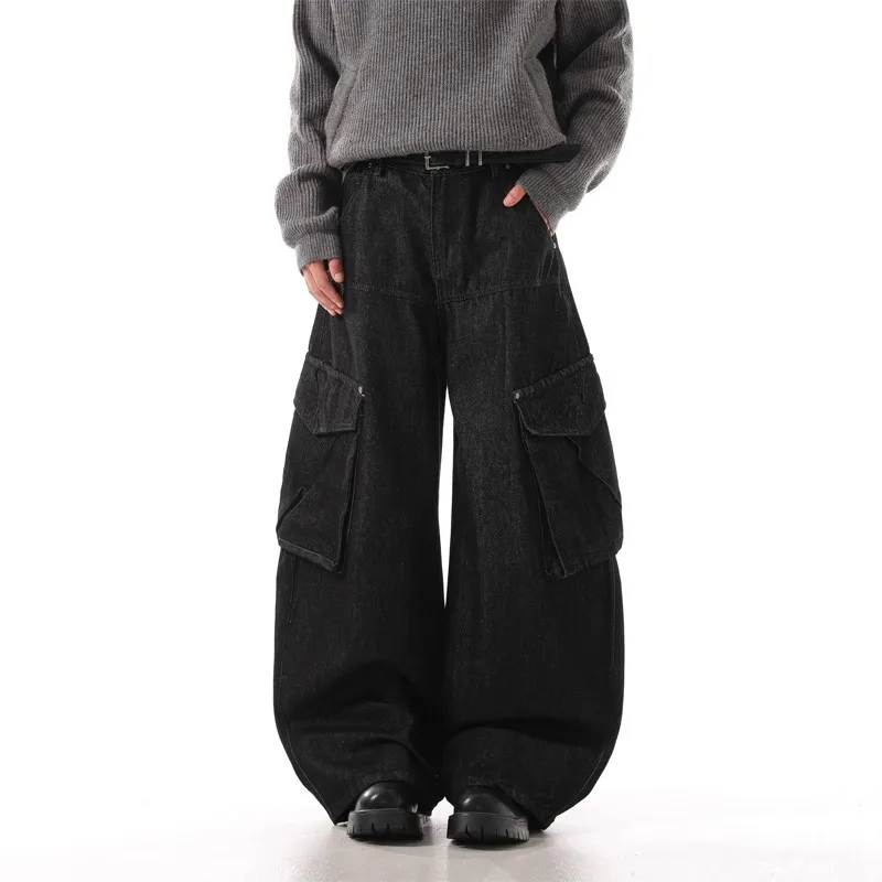 

Черные потертые джинсы с большим карманом для мужчин и женщин, весенне-осенние свободные повседневные брюки, модный дизайн, свободные джинсы