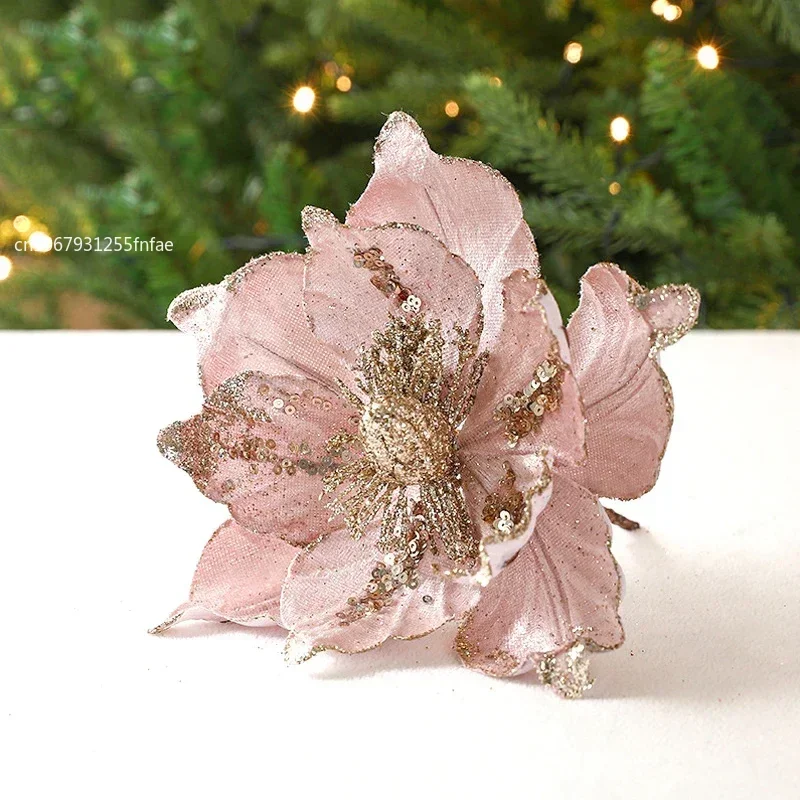 Pink Glitter Large Artificial Flower Christmas Decor Poinsettia Fake Flowers Xmas Wedding New Year Home Decoration DIY Handcraft