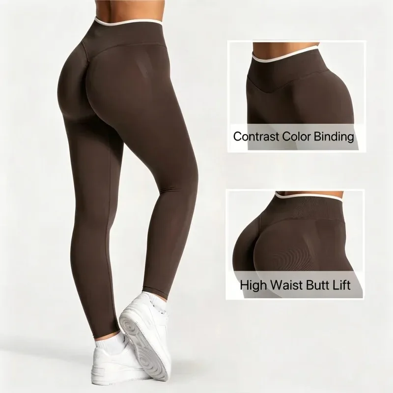 Women Contrast Trim High Waist Yoga Leggings High Elastic Tummy Control Butt Lift Breathable Sports Running Fitness Pants
