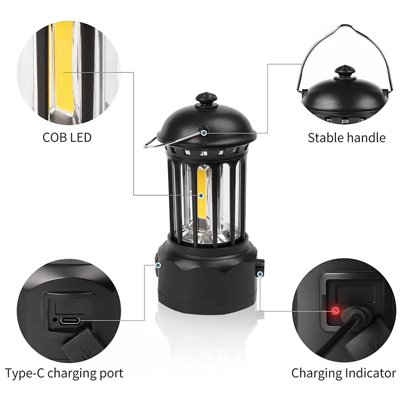 Camping Lantern,COB Rechargeable Battery Lantern,Flashlight for Hurricane, Emergency, Hiking, Outdoor Camping Black